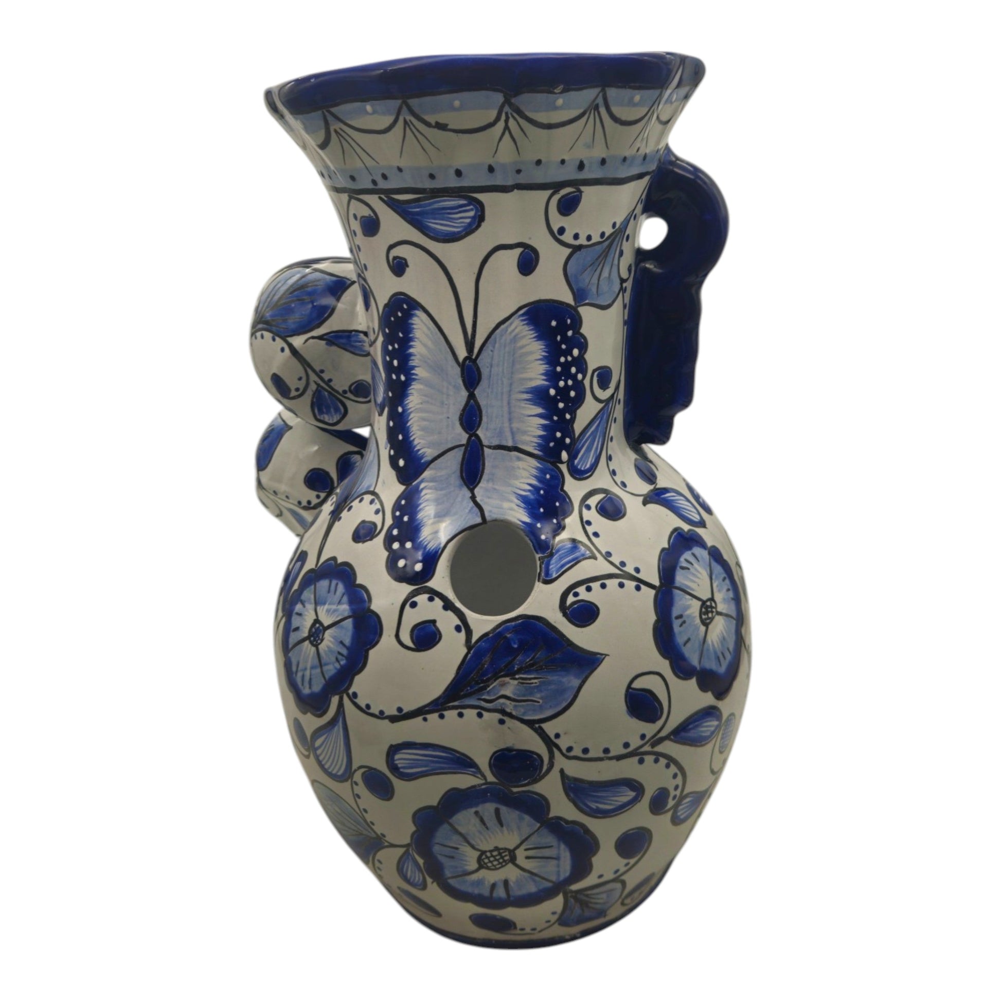 Blue & White Talavera Fountain Handmade Floral Butterfly - - Talavera Fountain