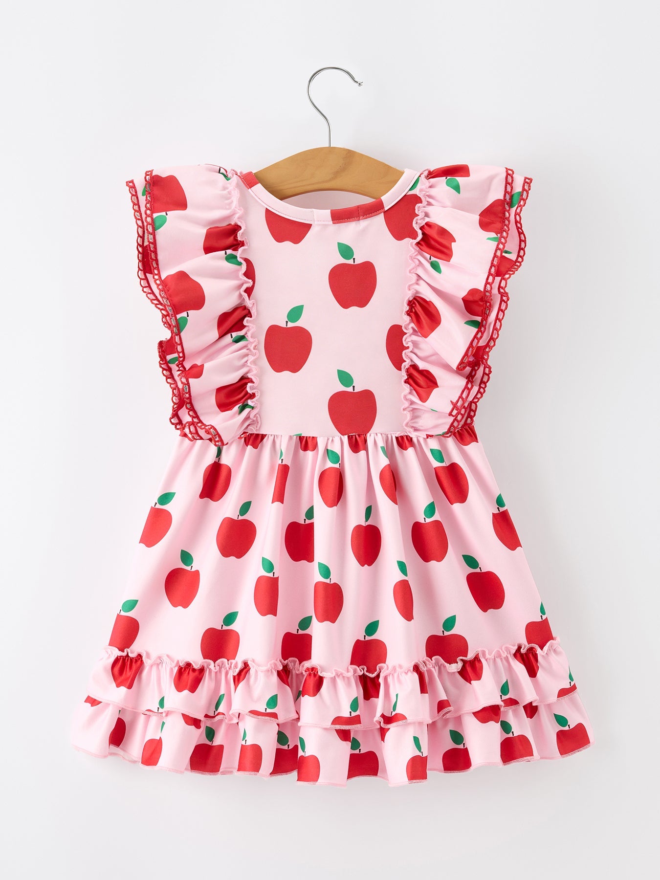 Girls Back To School Apple Twirl Dress Ruffle Flutter Sleeve - - Dress