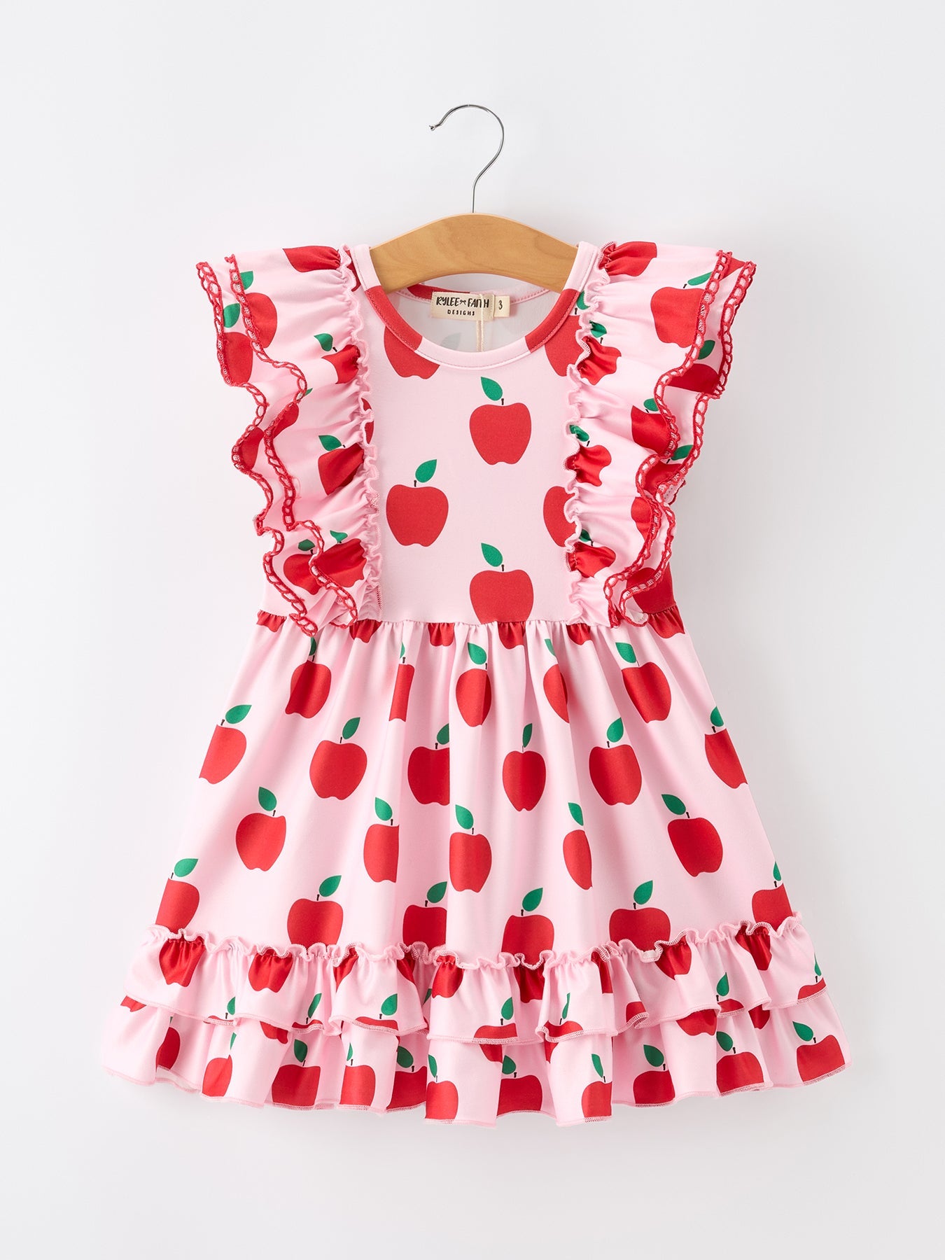 Girls Back To School Apple Twirl Dress Ruffle Flutter Sleeve - - Dress
