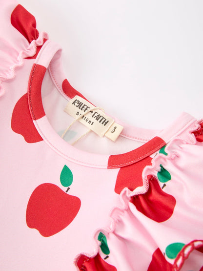 Girls Back To School Apple Twirl Dress Ruffle Flutter Sleeve - - Dress