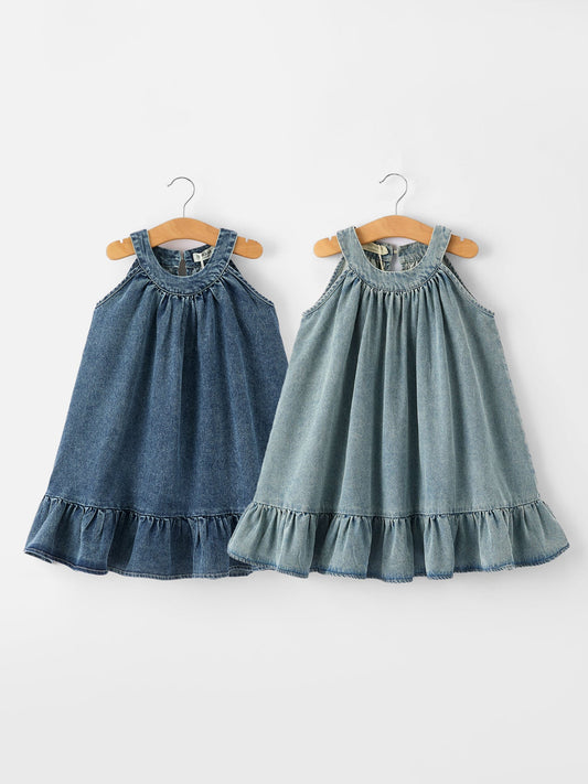 Girls Denim Ruffle Trim A-Line Dress - - Dress