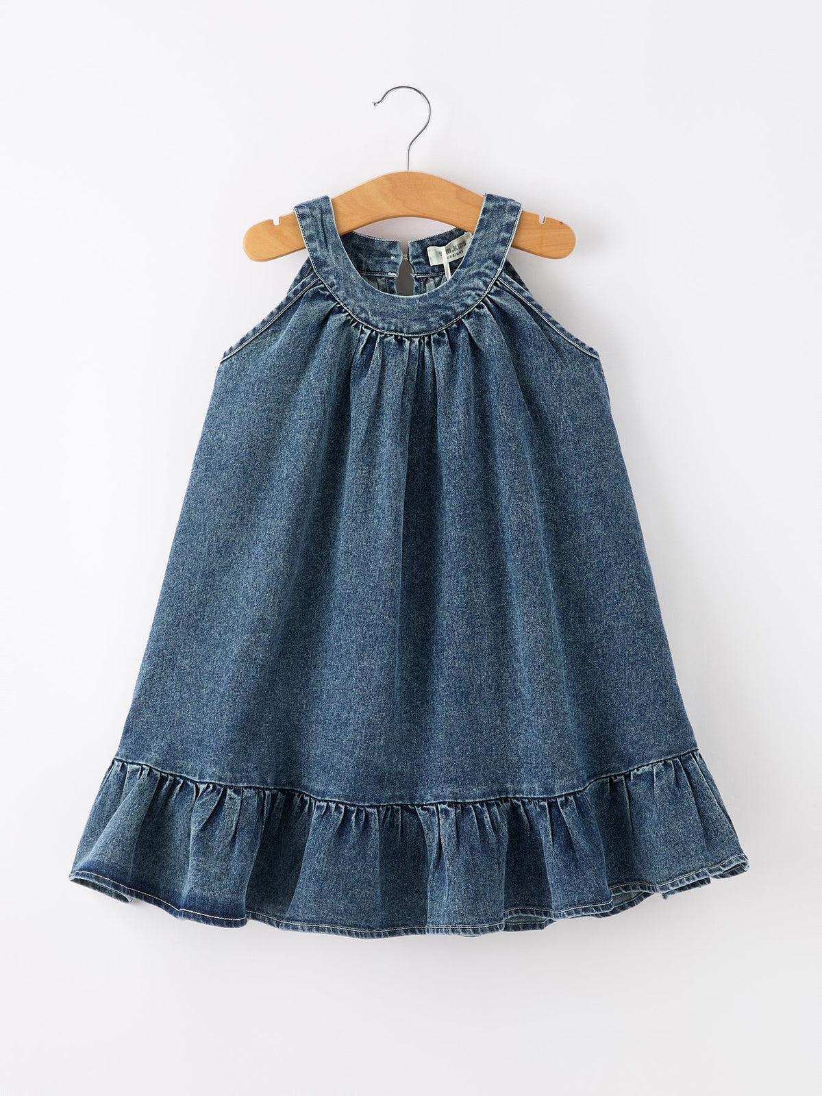 Girls Denim Ruffle Trim A-Line Dress - Dark Blue - Dress