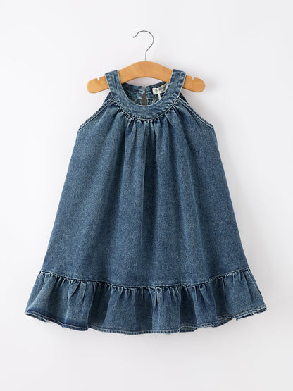 Girls Denim Ruffle Trim A-Line Dress - Dark Blue - Dress