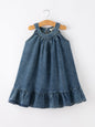 Girls Denim Ruffle Trim A-Line Dress - Dark Blue - Dress