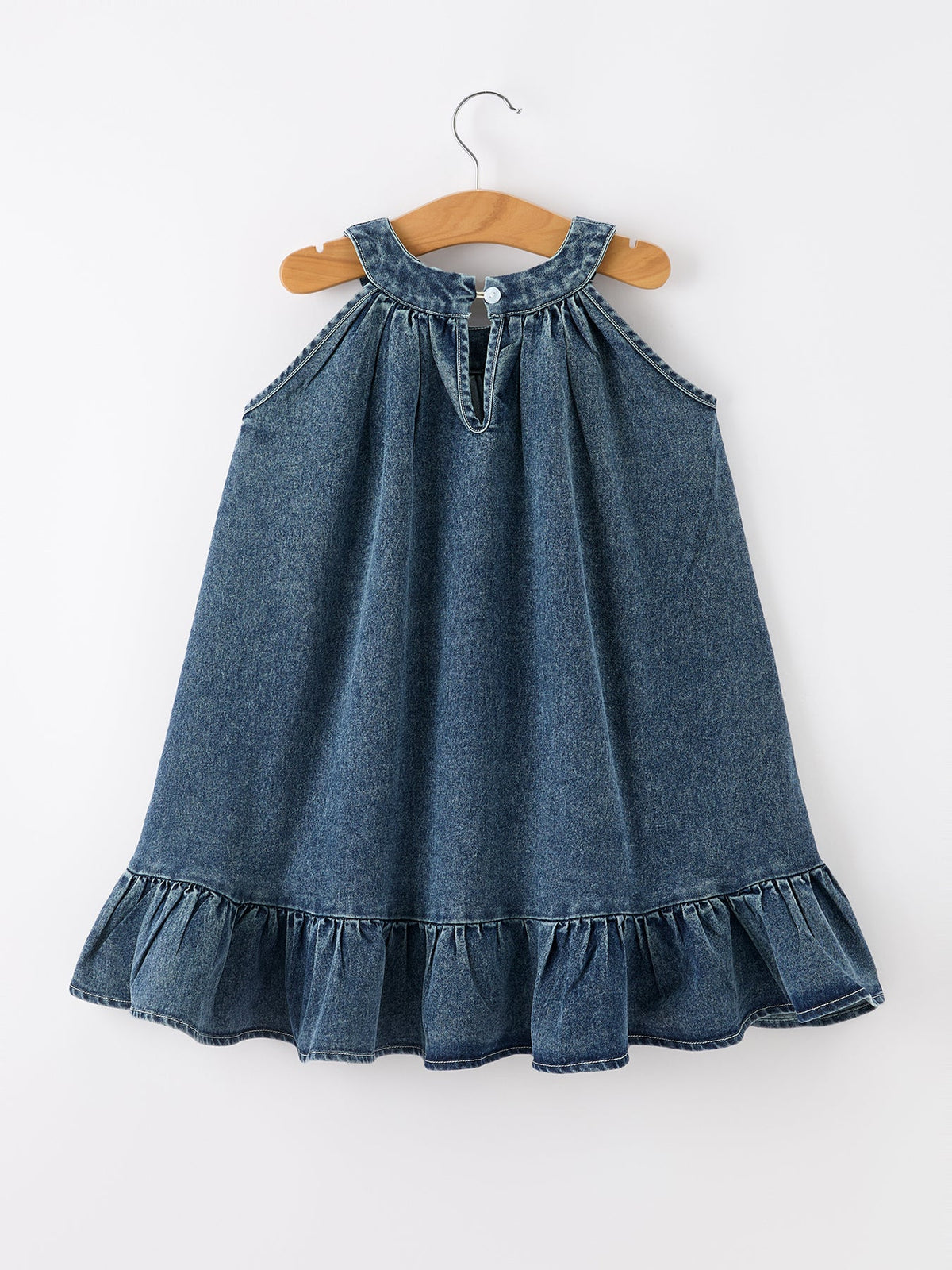 Girls Denim Ruffle Trim A-Line Dress - - Dress