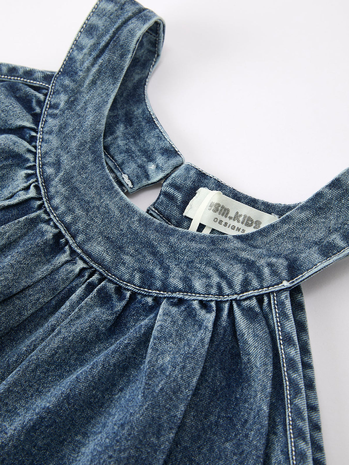 Girls Denim Ruffle Trim A-Line Dress - - Dress