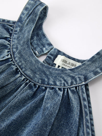 Girls Denim Ruffle Trim A-Line Dress - - Dress