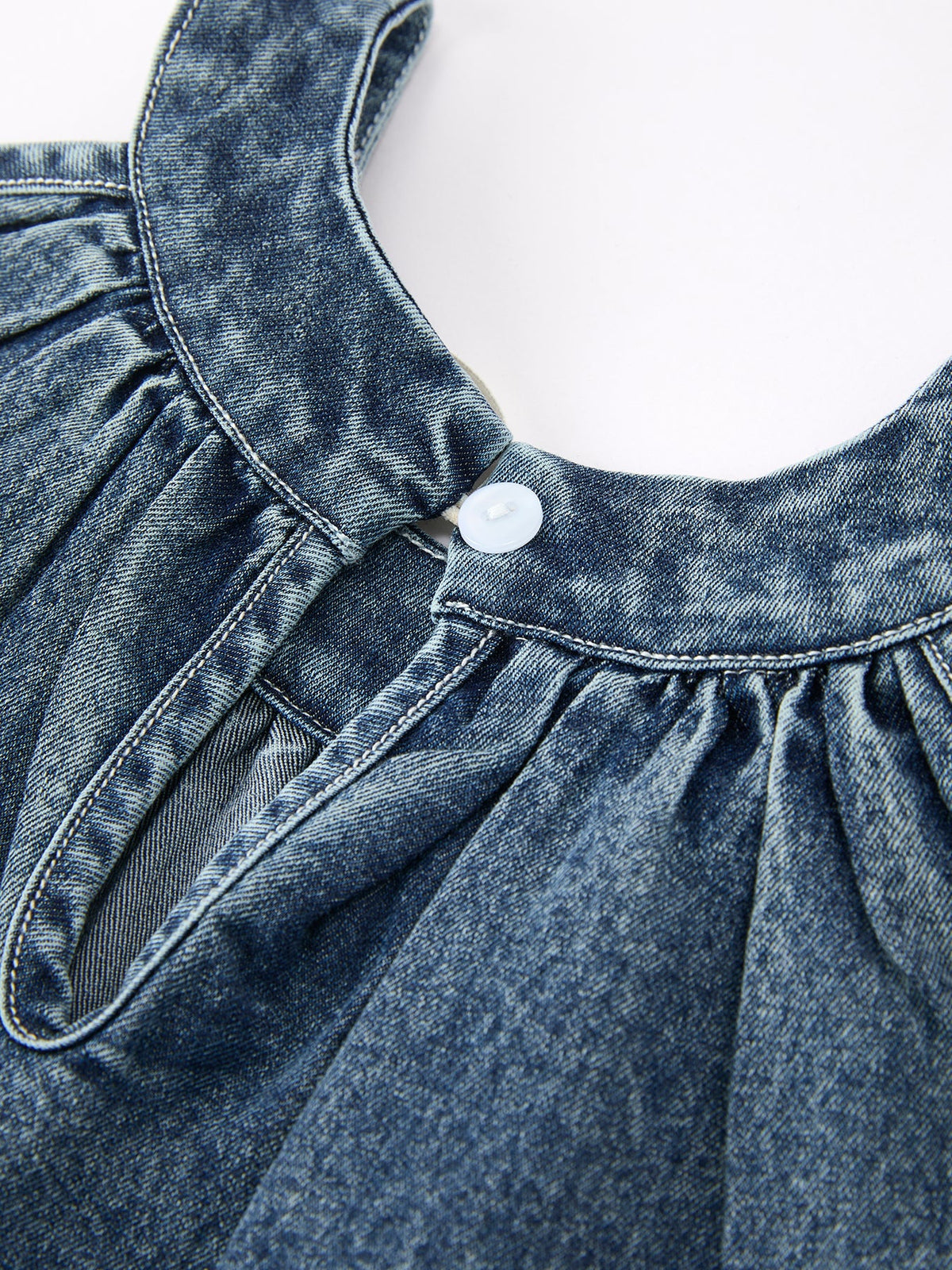 Girls Denim Ruffle Trim A-Line Dress - - Dress