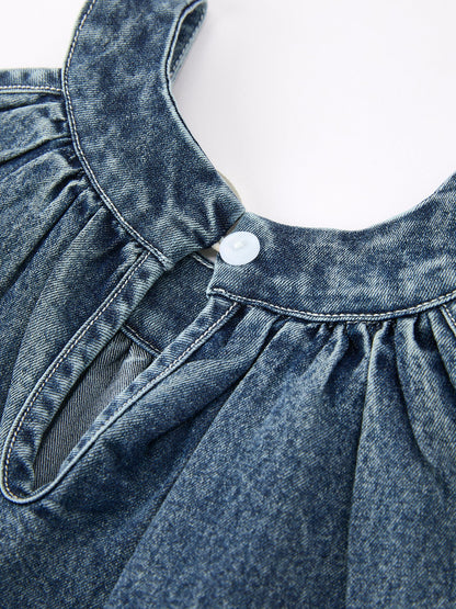 Girls Denim Ruffle Trim A-Line Dress - - Dress