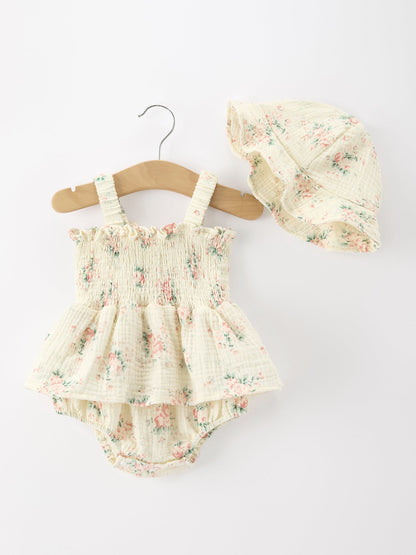 Muslin Summer Floral Print Smocked Baby Girl Romper Set Hat - - Romper