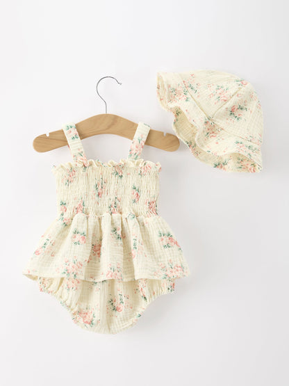 Muslin Summer Floral Print Smocked Baby Girl Romper Set Hat - - Romper