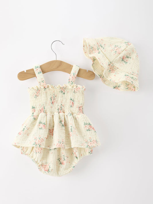 Muslin Summer Floral Print Smocked Baby Girl Romper Set Hat - - Romper