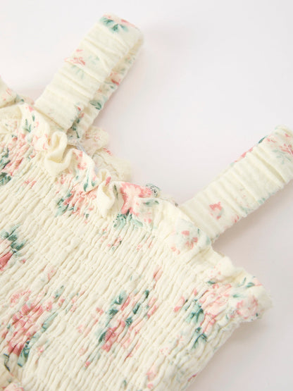 Muslin Summer Floral Print Smocked Baby Girl Romper Set Hat - - Romper