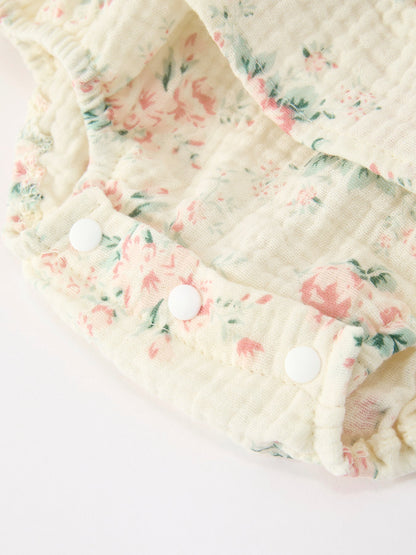 Muslin Summer Floral Print Smocked Baby Girl Romper Set Hat - - Romper