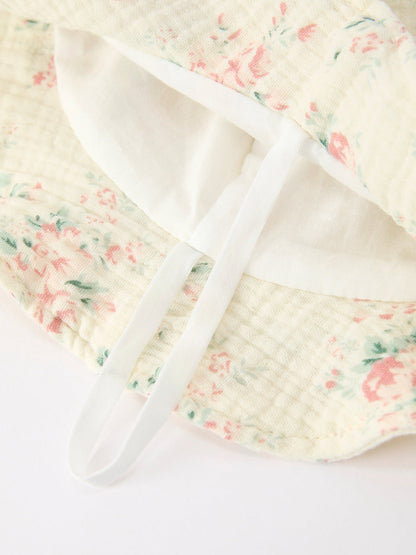 Muslin Summer Floral Print Smocked Baby Girl Romper Set Hat - - Romper