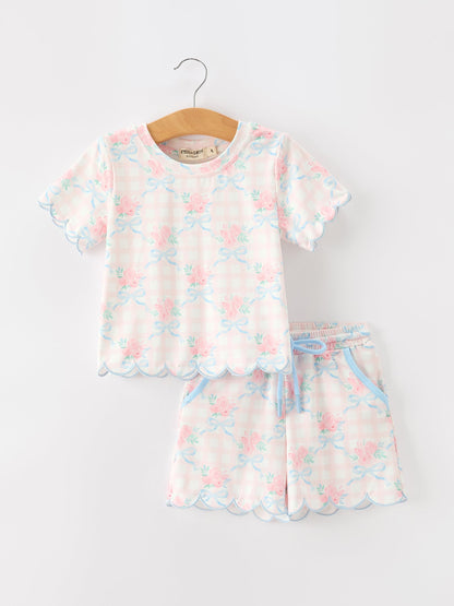 Bow Floral Girl Short Set Scallop Hem - - Pajamas