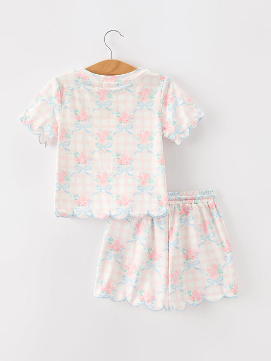 Bow Floral Girl Short Set Scallop Hem - - Pajamas