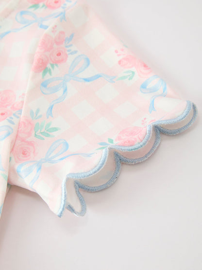 Bow Floral Girl Short Set Scallop Hem - - Pajamas
