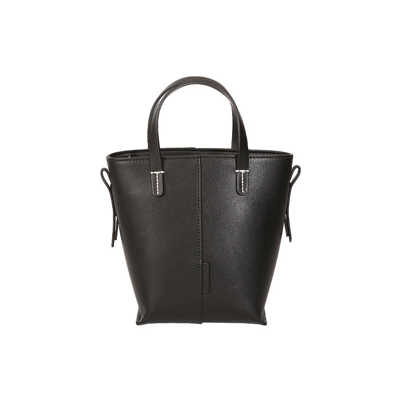 Genuine leather Simple tote bag for women elegant satchel purse antique tone - Black -