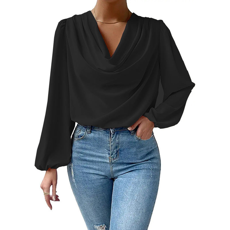 Chiffon Long Sleeve Shirt Loose v -Neck Top