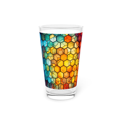 Honeycomb Suprise: A Blue and Yellow Honeycomb Stained Glass Artwork on a 16oz Pint Glass Gift idea gifts for home decor housewarming gift - 16oz - Mug
