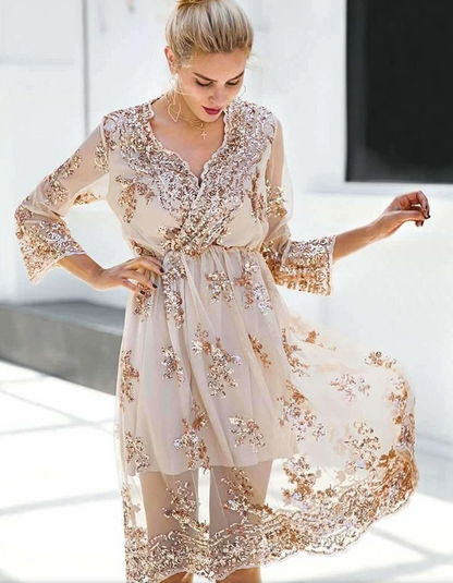 Sparkle Sequin Evening Dress - Beige XL - dress