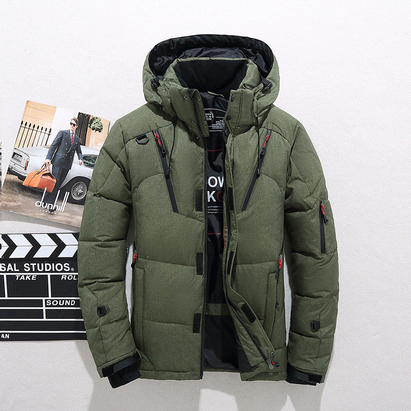 Mens Short Down Jacket with Hood - Green M - Coat