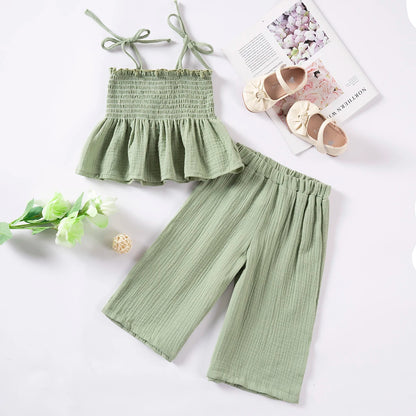 Girls Muslin Cotton Sleeveless Tank and Wide Leg Pants Green