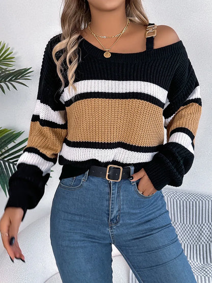 Color Block Asymmetrical Neck Long Sleeve Sweater - -