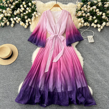 New Waist Tie Loose V-Neck Flared Sleeve Gradient Color Dress