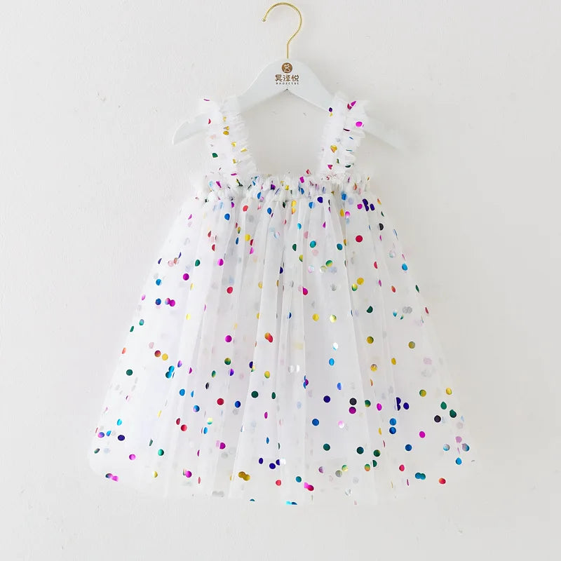 Girls Polka Dot Sequins Mesh Dress Puffy Skirt white