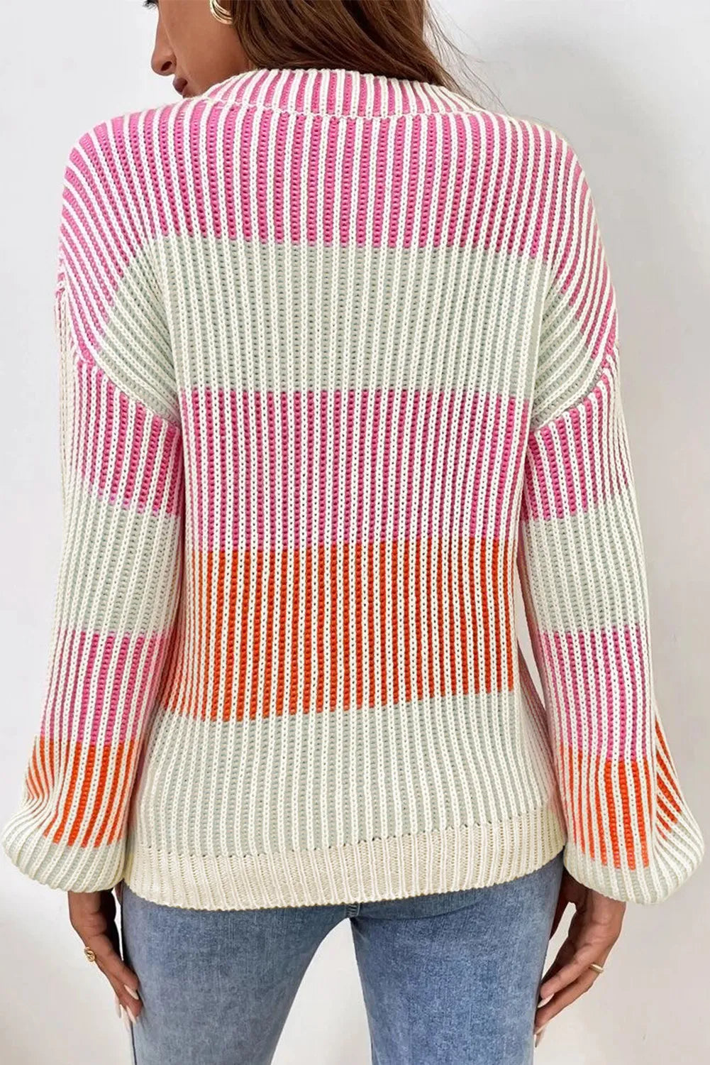 Striped Color Block Round Neck Long Sleeve Sweater - -