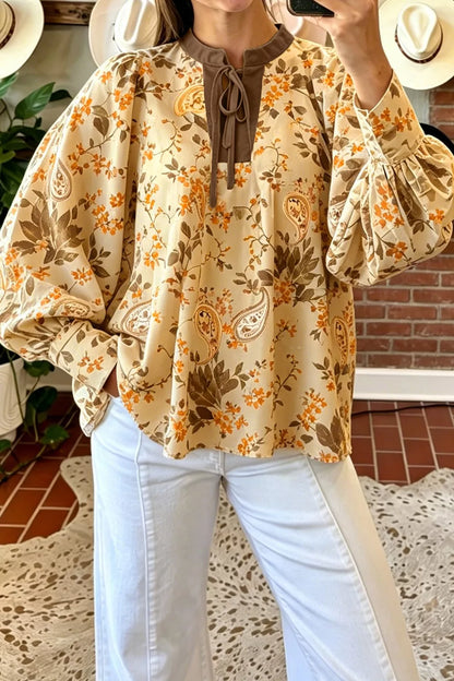 Paisley Print Tie Neck Long Sleeve Shift Top - -