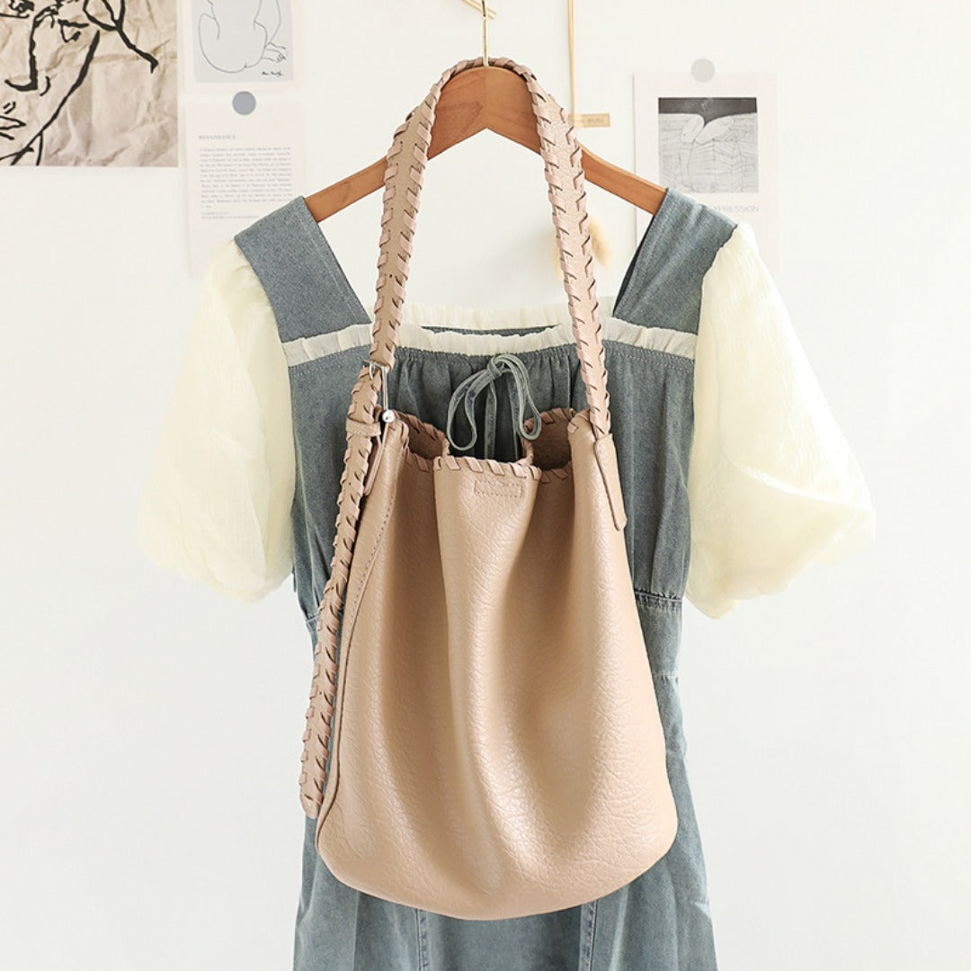 Elegant Woven Shoulder Strap Bucket Bag for Female - Versatile Texture Soft PU Retro Casual Tote - -