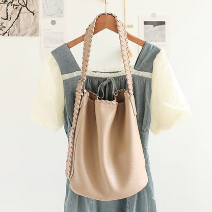 Elegant Woven Shoulder Strap Bucket Bag for Female - Versatile Texture Soft PU Retro Casual Tote - -