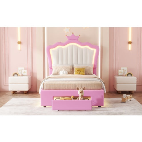 Twin Size Upholstered Bed Frame With LED Lights With Crown Headboard and Drawer - - bed frame