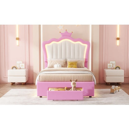 Twin Size Upholstered Bed Frame With LED Lights With Crown Headboard and Drawer - - bed frame