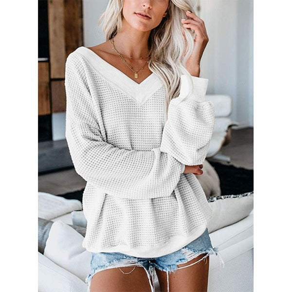 V-Neck Checkered Knit Sweater - White S - Women's Fashion - Women's Clothing - Sweaters