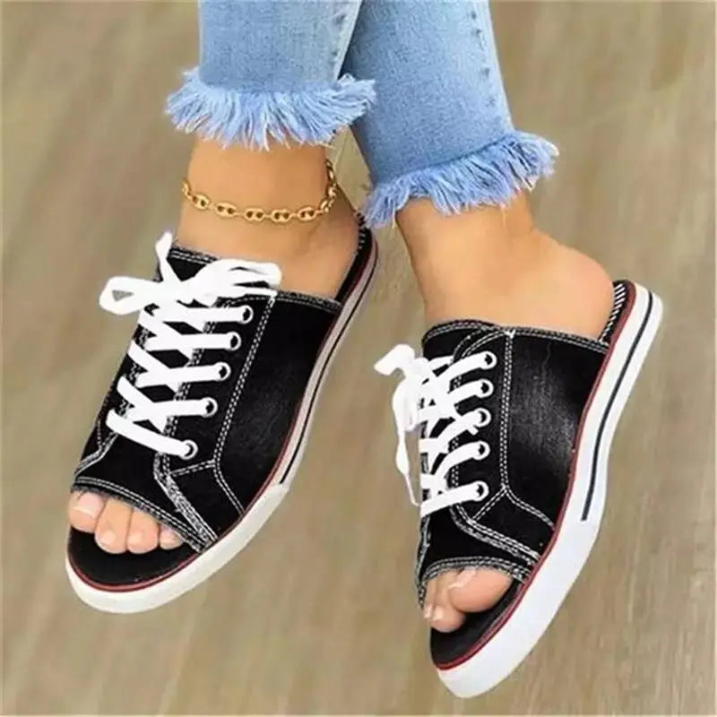 Summer Casual Canvas Shoes Peep Toe Lace Up Denim Ladies Flat Sandals