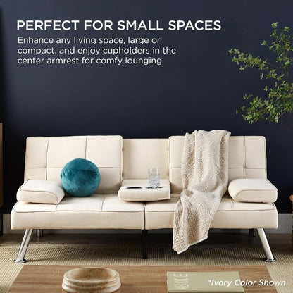 Linen Folding Futon Sofa Bed Aqua With Removable Armrests- ShipItFurniture- {{Product type}}