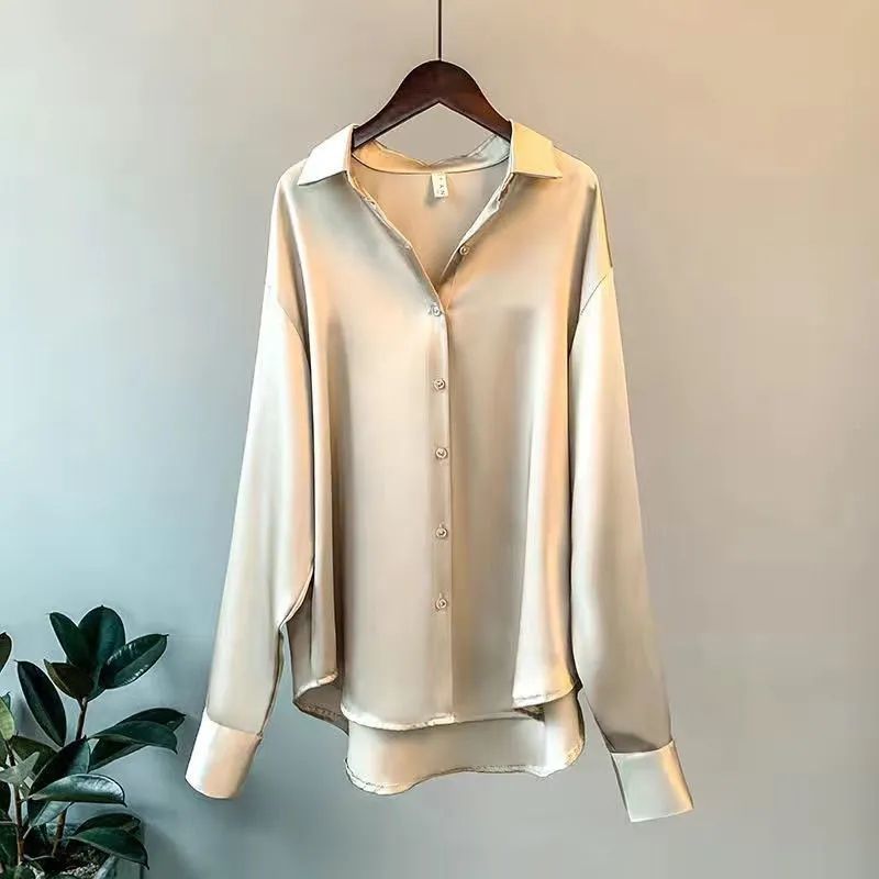 Straight Retro Design Women Satin Solid Color Long Sleeve Causal Lady's Blouse