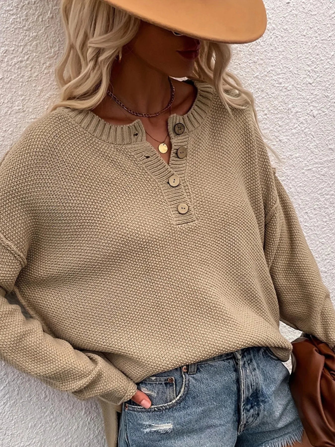 Button Detail Long Sleeve Knit Top - -