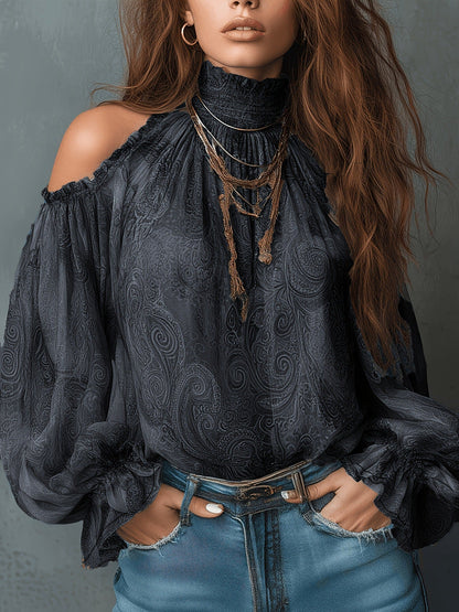 Women's Retro Cashew Print Off-Shoulder Blouse with Lantern Sleeves- FitiqueFit- {{Product type}}