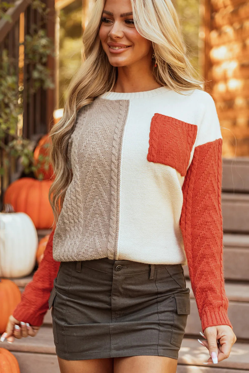 Color Block Round Neck Long Sleeve Sweater - Orange -