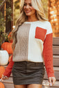 Color Block Round Neck Long Sleeve Sweater - Orange -