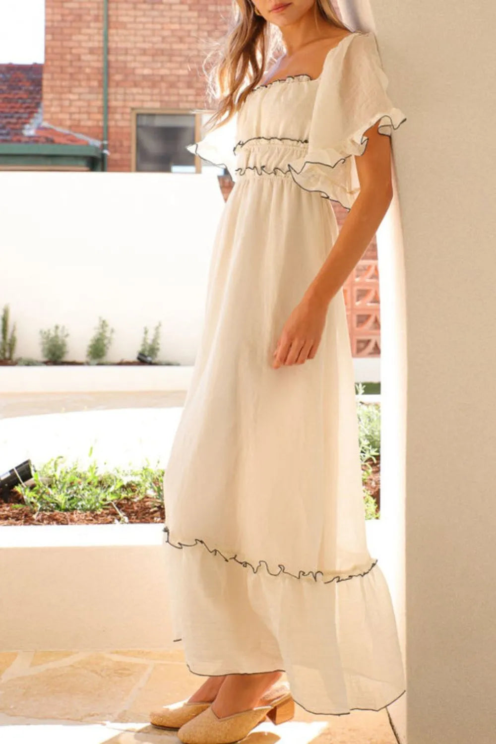 Square Neck Short Sleeve Midi Dress - -