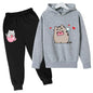 Cat Print Hoodie Clothing Sets black grey