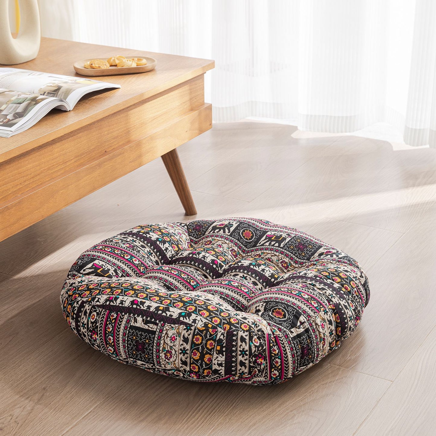 Japanese-Style Cotton Futon Floor Cushion (Round or Square) - Round 4 Style - Floor Cushion