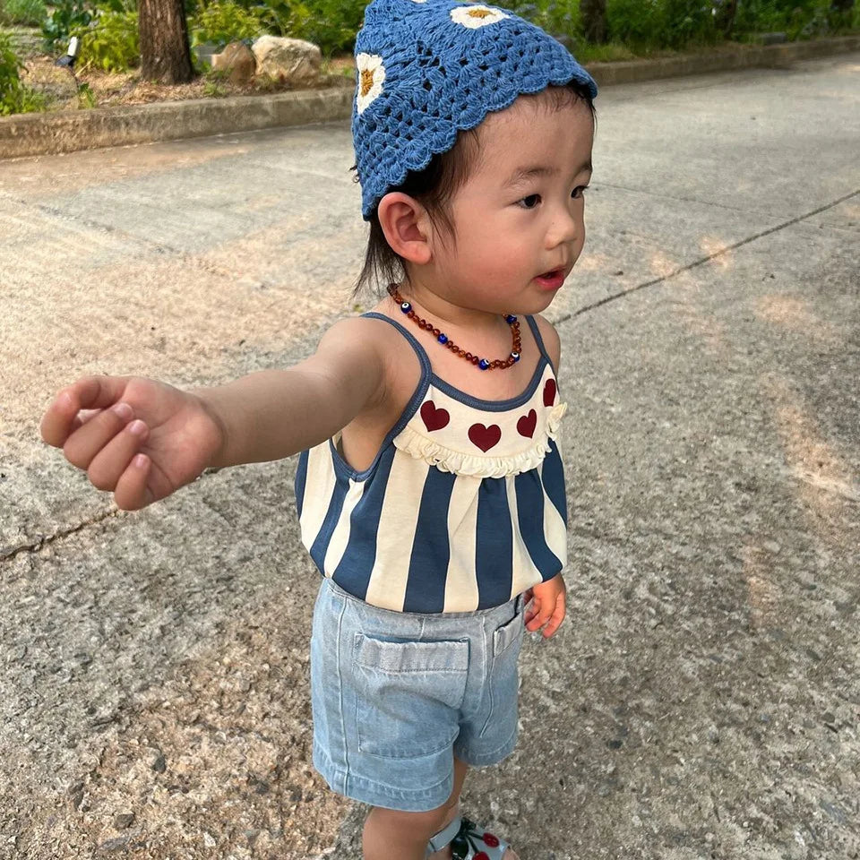 Blue Striped Sleeveless Dress and Camisole Shorts Sets