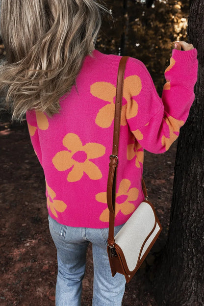 Flower Round Neck Long Sleeve Sweater - -